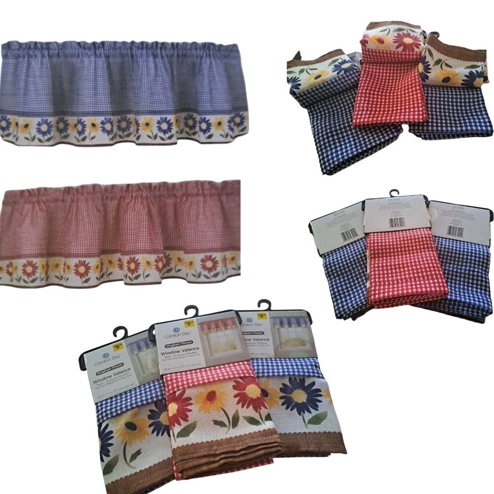 3 Discontinued Comfort Bay Sunflower Valance Red Blue Gingham Farmhouse Kitchen